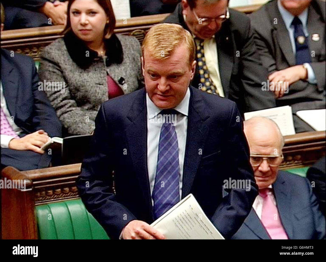 Video grab of the Liberal Democrat Leader Charles Kennedy, with the youngest MP in the House - Sarah Teather, 29 - behind him, speaking at the House of Commons, London, during Prime Ministers Questions. Stock Photo