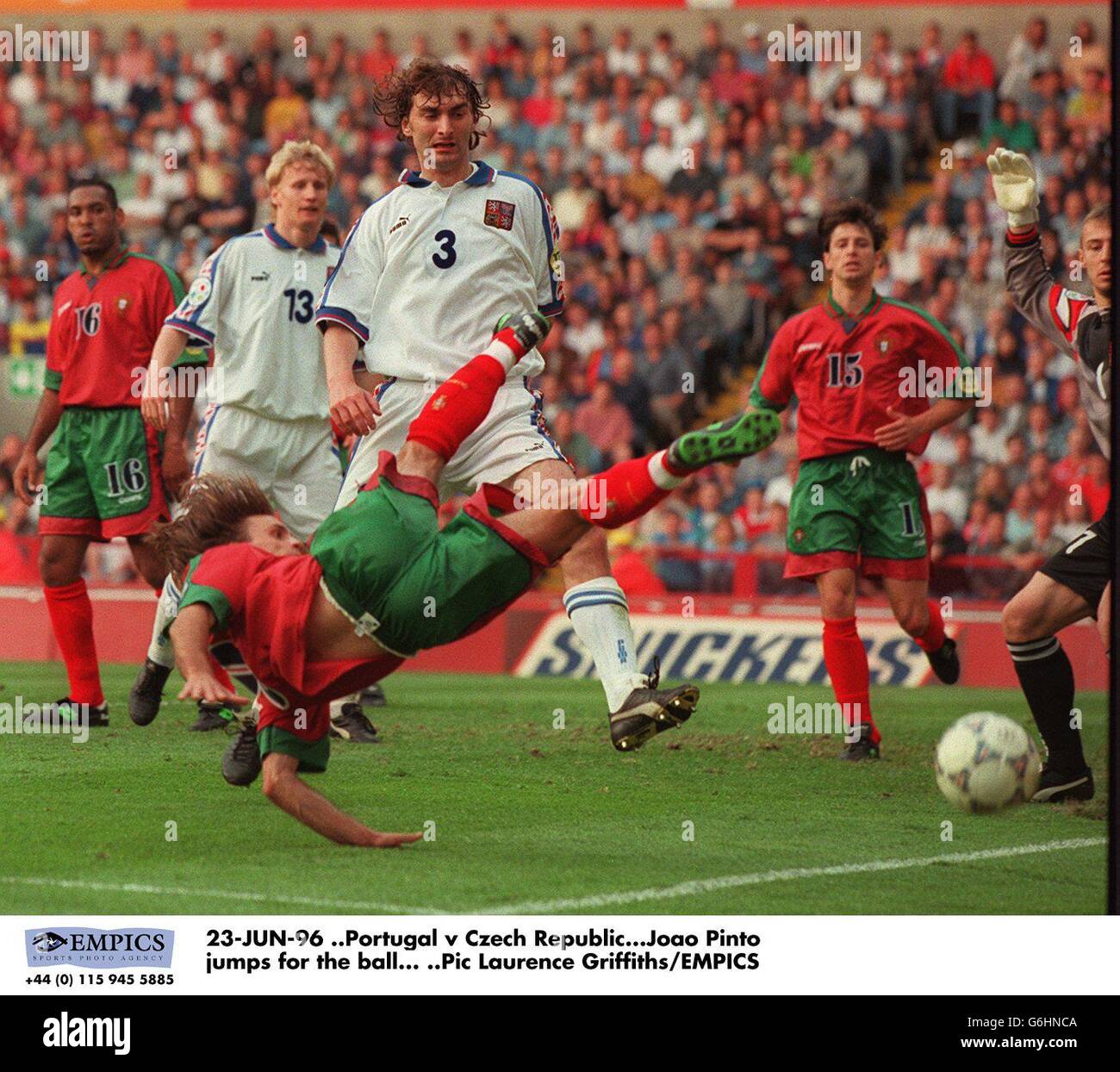 23-JUN-96 ..Portugal v Czech Republic. Joao Pinto jumps for the