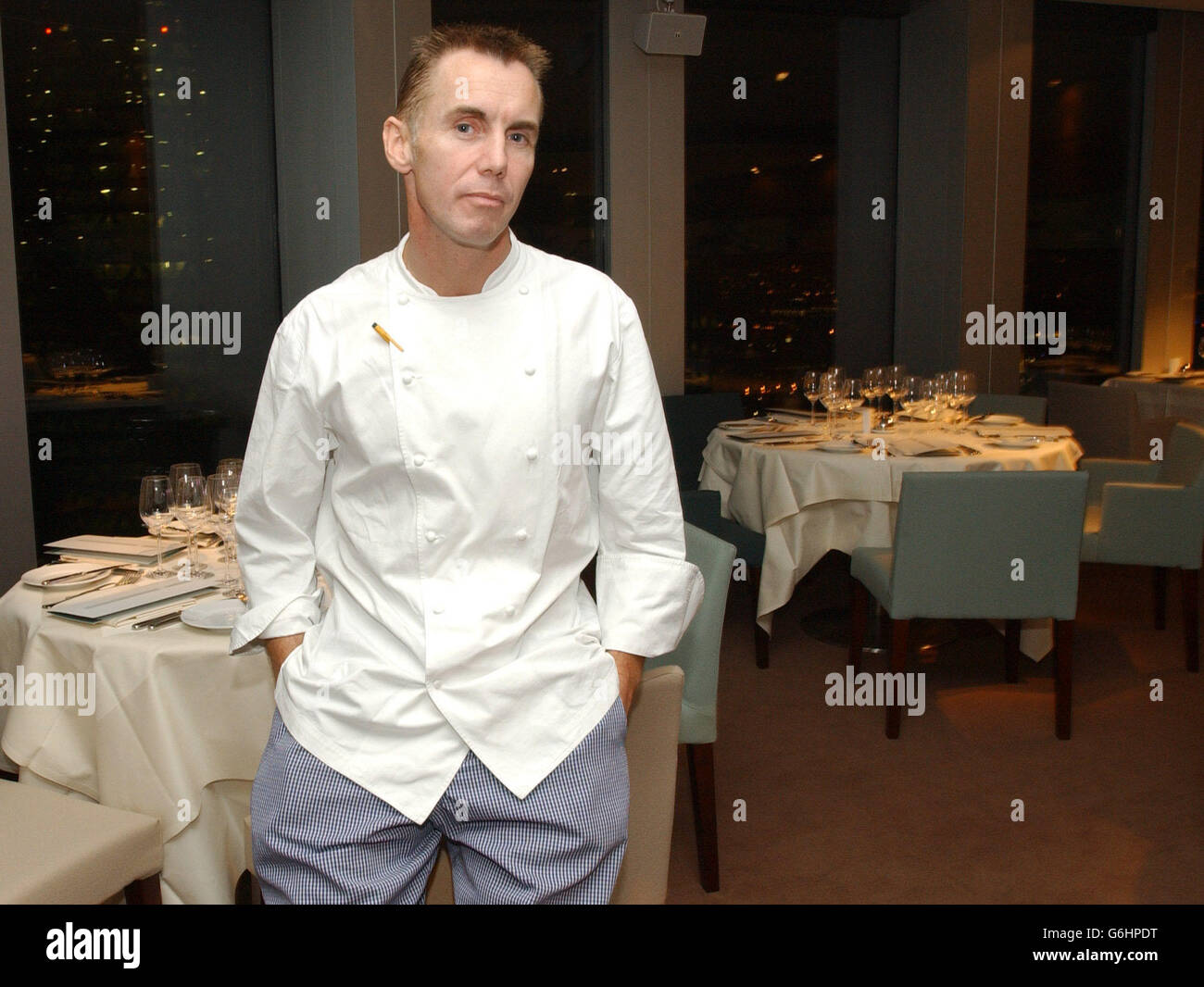 Chef Gary Rhodes at the launch of his restaurant Rhodes Twenty Four, located on the 24th floor of the City of London's most impressive and tallest building Tower 42 on Old Broad Street. Rhodes promises to bring back traditional Briish Cuisine in an outstanding location, with its stunning views across the capital. Stock Photo