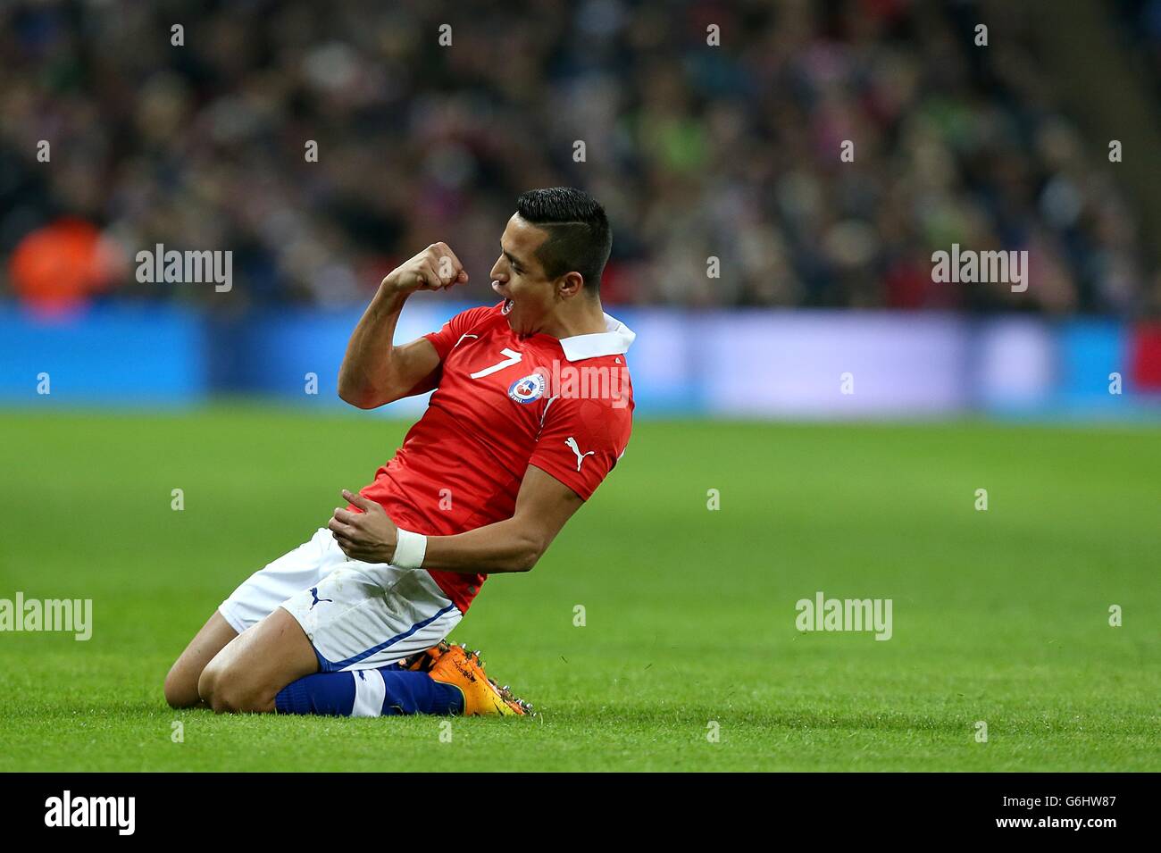 Soccer - International Friendly - England v Chile - Wembley Stadium. Chile's Sanchez Alexis celebrates scoring their first goal of the game Stock Photo