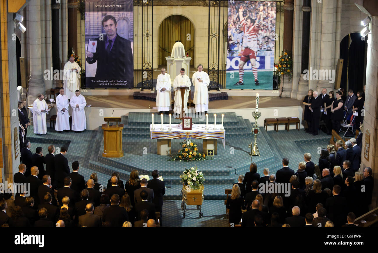 The funeral of St Helens rugby player Steve Prescott MBE at St Mary's Lowe House Church, St Helens. The 39-year-old passed away earlier this month after battling a rare form of stomach cancer for the last seven years. Stock Photo