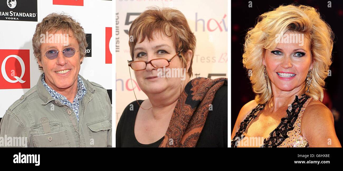 File photos of (from the left) Roger Daltrey, Dame Jenni Murray and Fiona Fullerton. Stock Photo