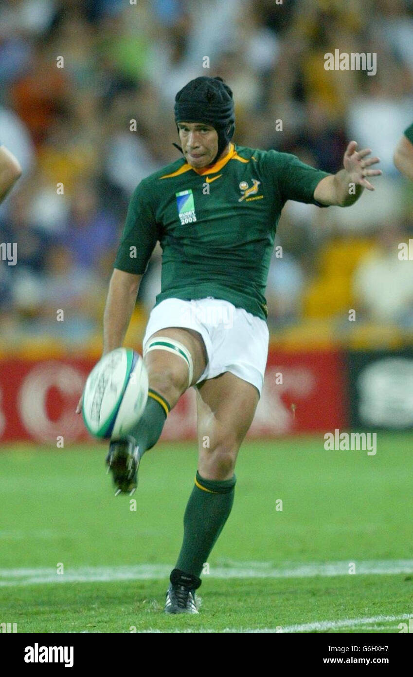 South Africa's Derick Hougaard kicks during the Rugby World Cup match at the Suncorp Stadium in Brisbane, Australia. : Stock Photo
