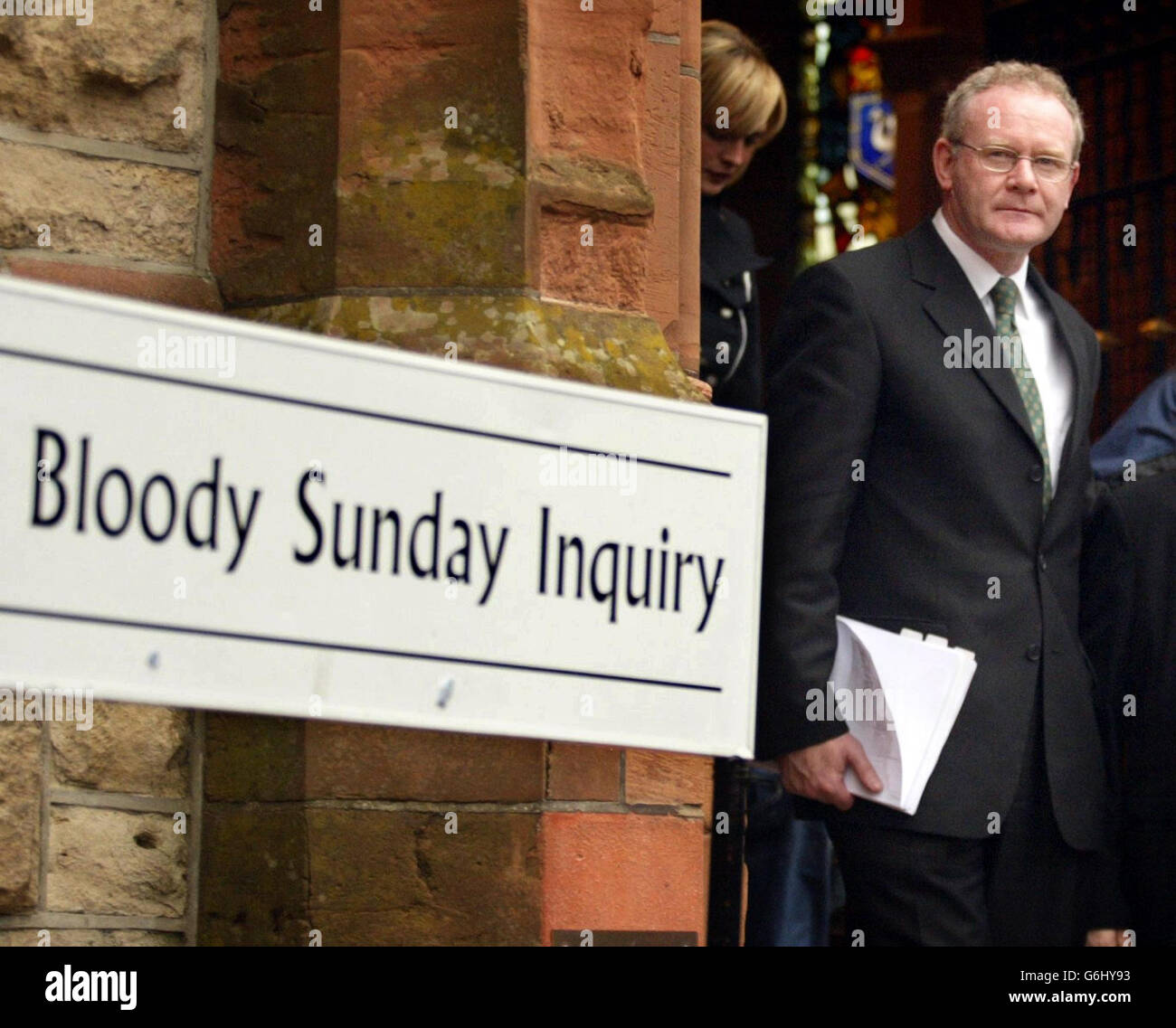 Sinn Fein's Martin McGuinness as he departs from the Guildhall in Londonderry after giving evidence to the Saville Inquiry, into the Bloody Sunday tribunal. Mr McGuinness, who has admitted being second in command of the IRA on Bloody Sunday, said he was at the Saville Inquiry to tell the truth about Bloody Sunday. 10/12/03: Sinn Fein's Martin McGuinness. The Provisional IRA's quartermaster on Bloody Sunday was giving evidence anonymously to the Saville Inquiry. The witness known as PIRA 17, the first member of the Provos to apply not to have his identity revealed, was expected to tell the Stock Photo