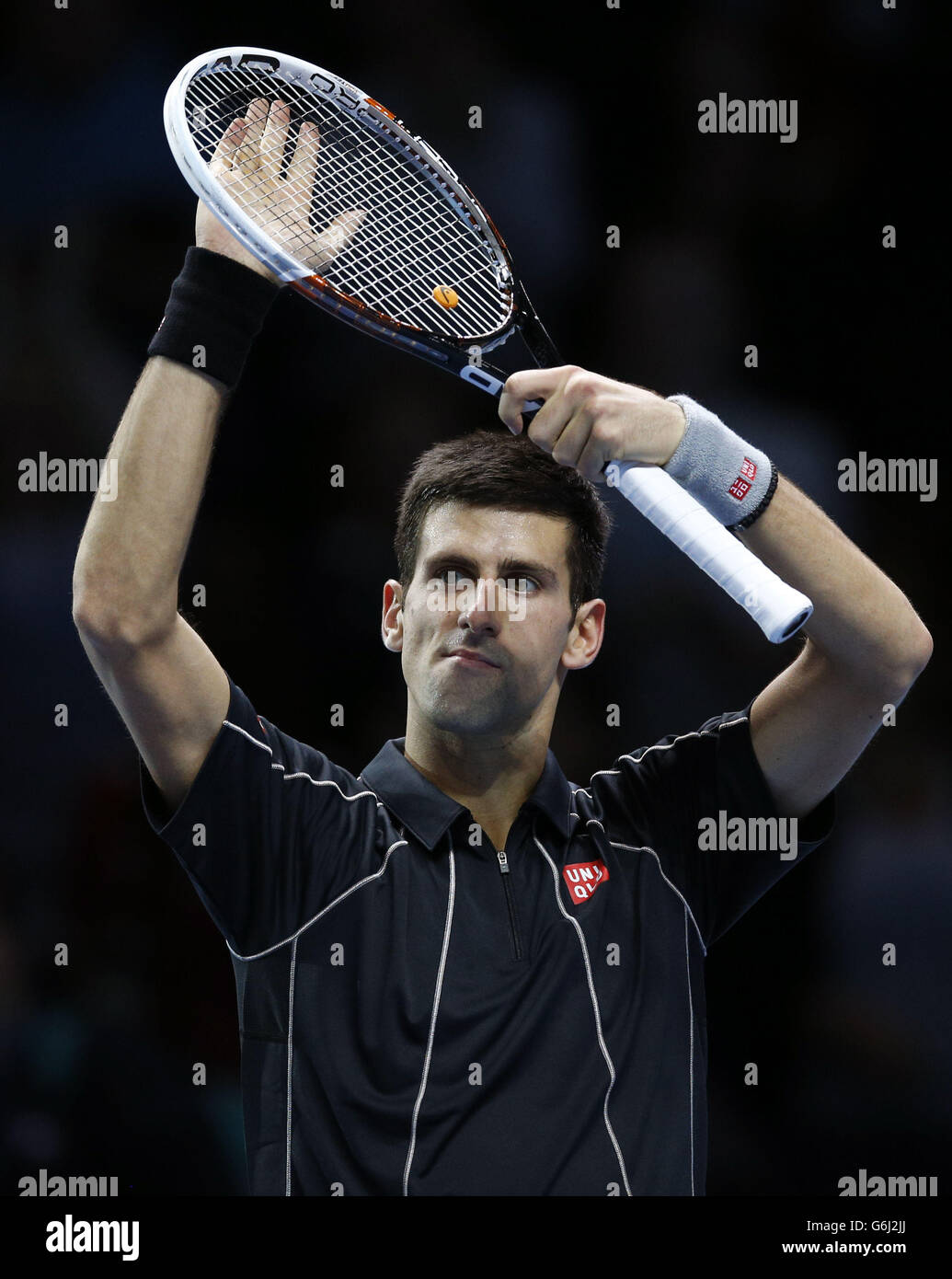 Novak Djokovic celebrates his win against Roger Federer during day two of  the Barclays ATP World Tour Finals at the O2 Arena, London Stock Photo -  Alamy