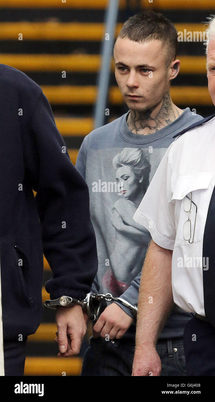 Alister Hamiliton, 22, arrives at Ballymena Magistrates' Court, where he faces charges of causing grievous bodily harm, attempted grievous bodily harm and common assault alongside four other defendants after a vulnerable woman with learning difficulties was left traumatised and petrified after her head was shaved while she lay partially clothed and helpless. Stock Photo
