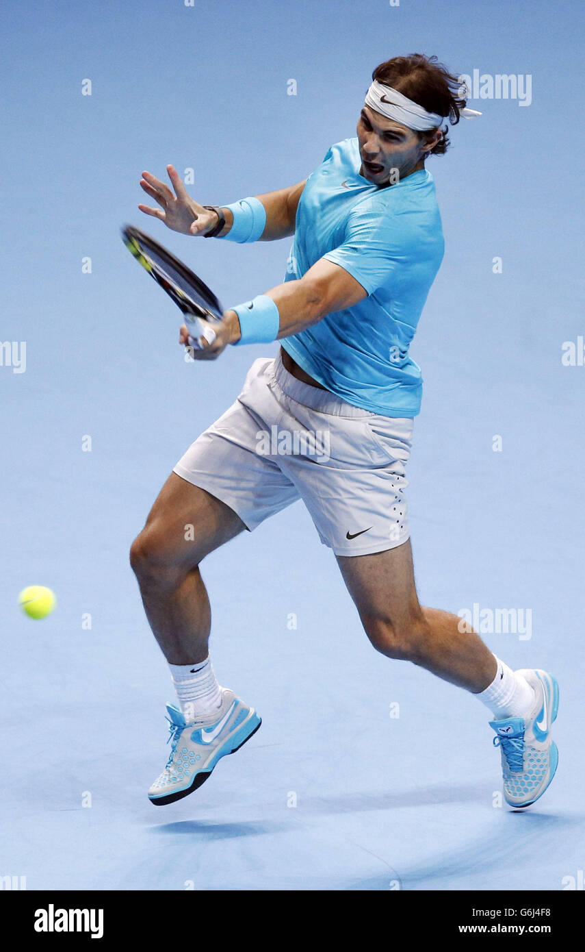Rafael Nadal competes against Tomas Berdych during day five of the Barclays ATP World Tour Finals at the O2 Arena, London. Stock Photo