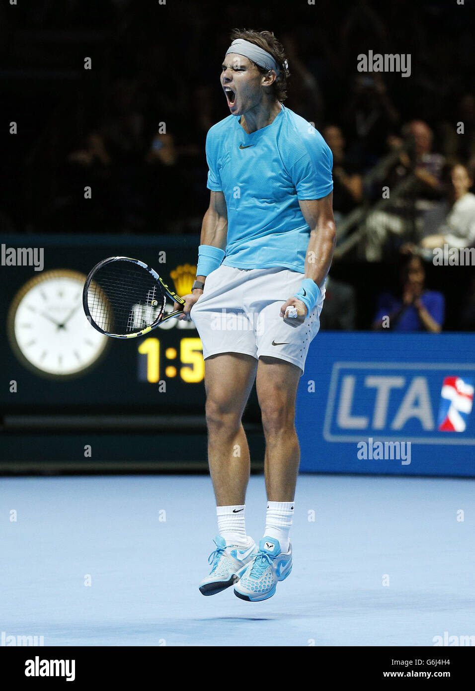 Rafael Nadal celebrates his victory against Tomas Berdych during day five of the Barclays ATP World Tour Finals at the O2 Arena, London. Stock Photo