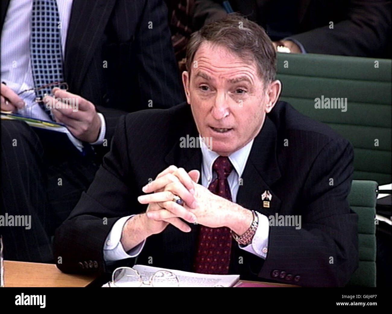 General Charles C Krulak, chairman of MBNA European Bank Ltd, speaks at the committee session for the Transparency of Credit Card Charges held in the House of Commons. The committee may ask whether the current level of consumer borrowing is sustainable, following renewed fears over the size of UK personal debt. Stock Photo