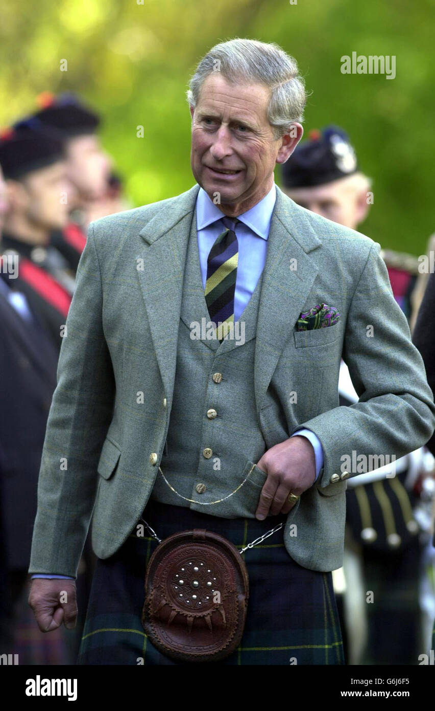 The Prince Of Wales, the Duke of Rothesay, at the Gordon Highlanders Museum in Aberdeen, where he views a parade during a ceremony to lay up the Regiment's last colours. Stock Photo