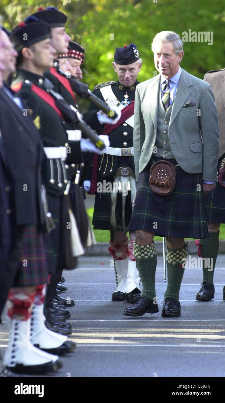 The Prince Of Wales, the Duke of Rothesay, at the Gordon Highlanders Museum in Aberdeen, to view a parade during a ceremony to lay up the Regiment's last colours. Stock Photo