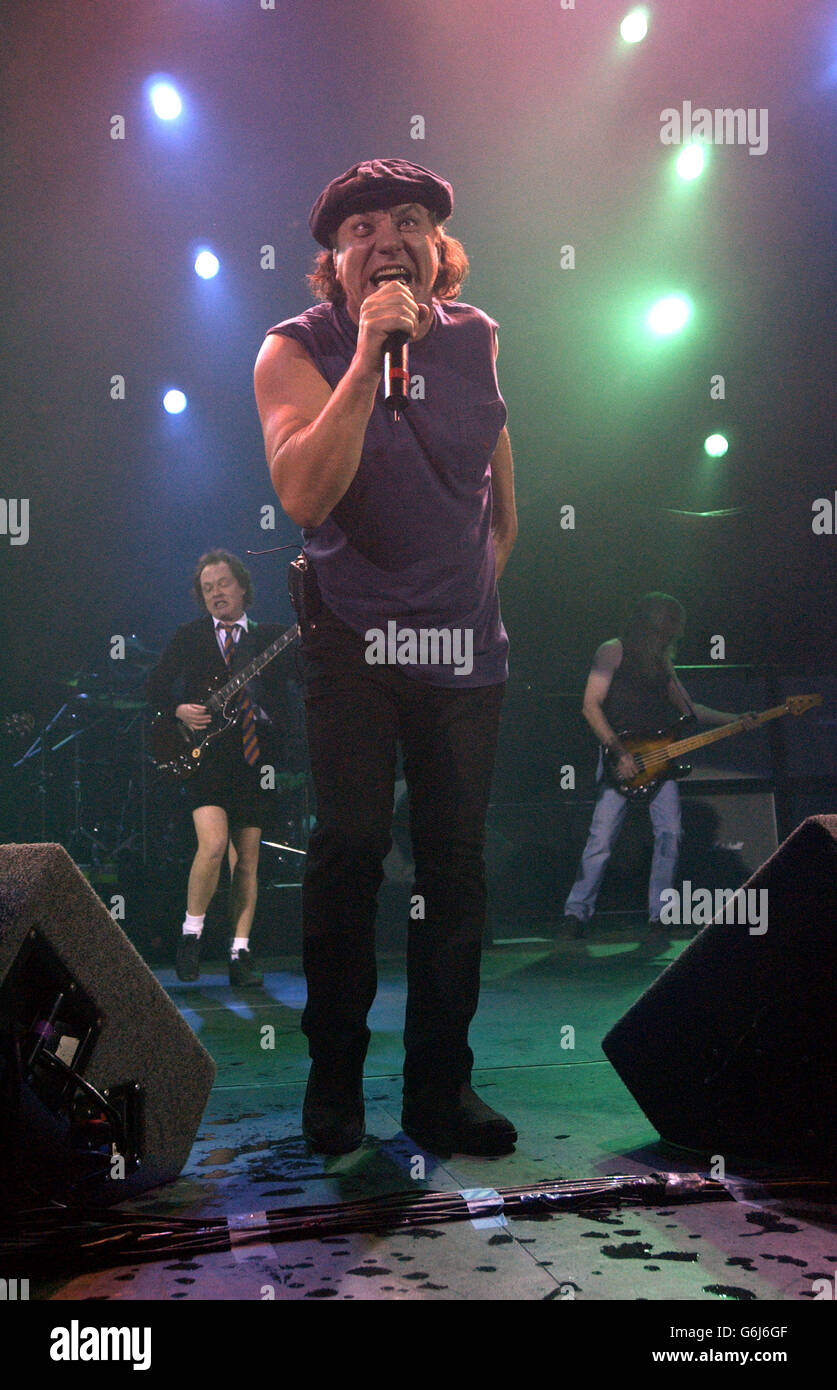 Australian heavymetal band AC/DC's lead singer Brian Johnson performs live in concert at the Carling Hammersmith Apollo in west London. Stock Photo