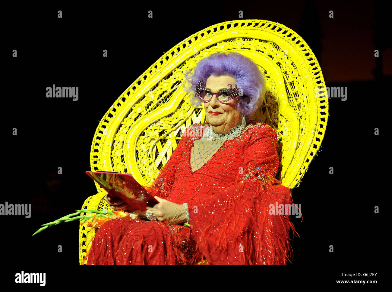 Barry Humphries in character as Dame Edna Everage at the announcement of the Barry Humphries' Farewell Tour at The London Palladium, London. Stock Photo