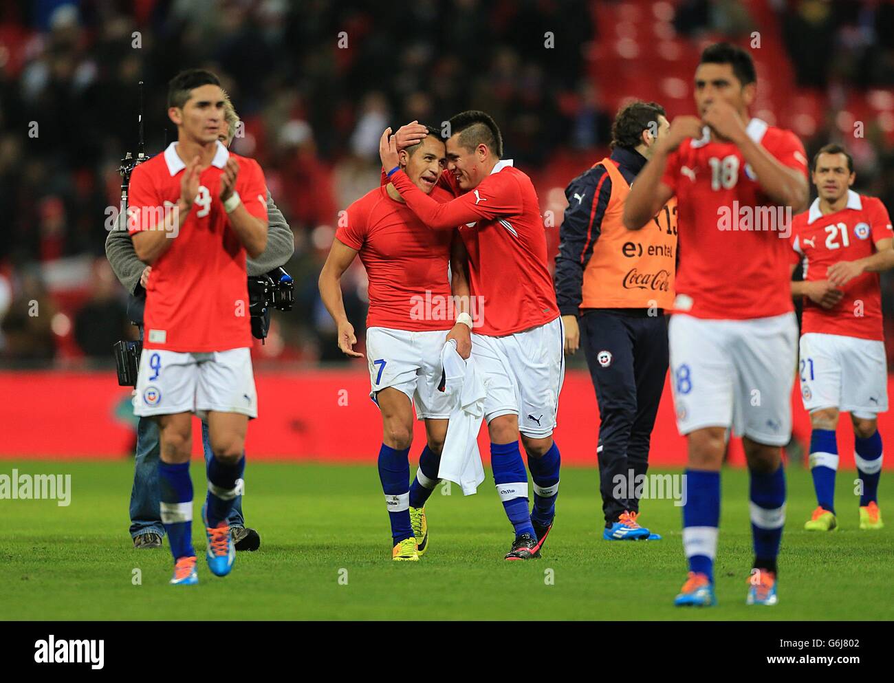 Chile's Sanchez Alexis and Carlos Munoz celebrate after the game Stock Photo