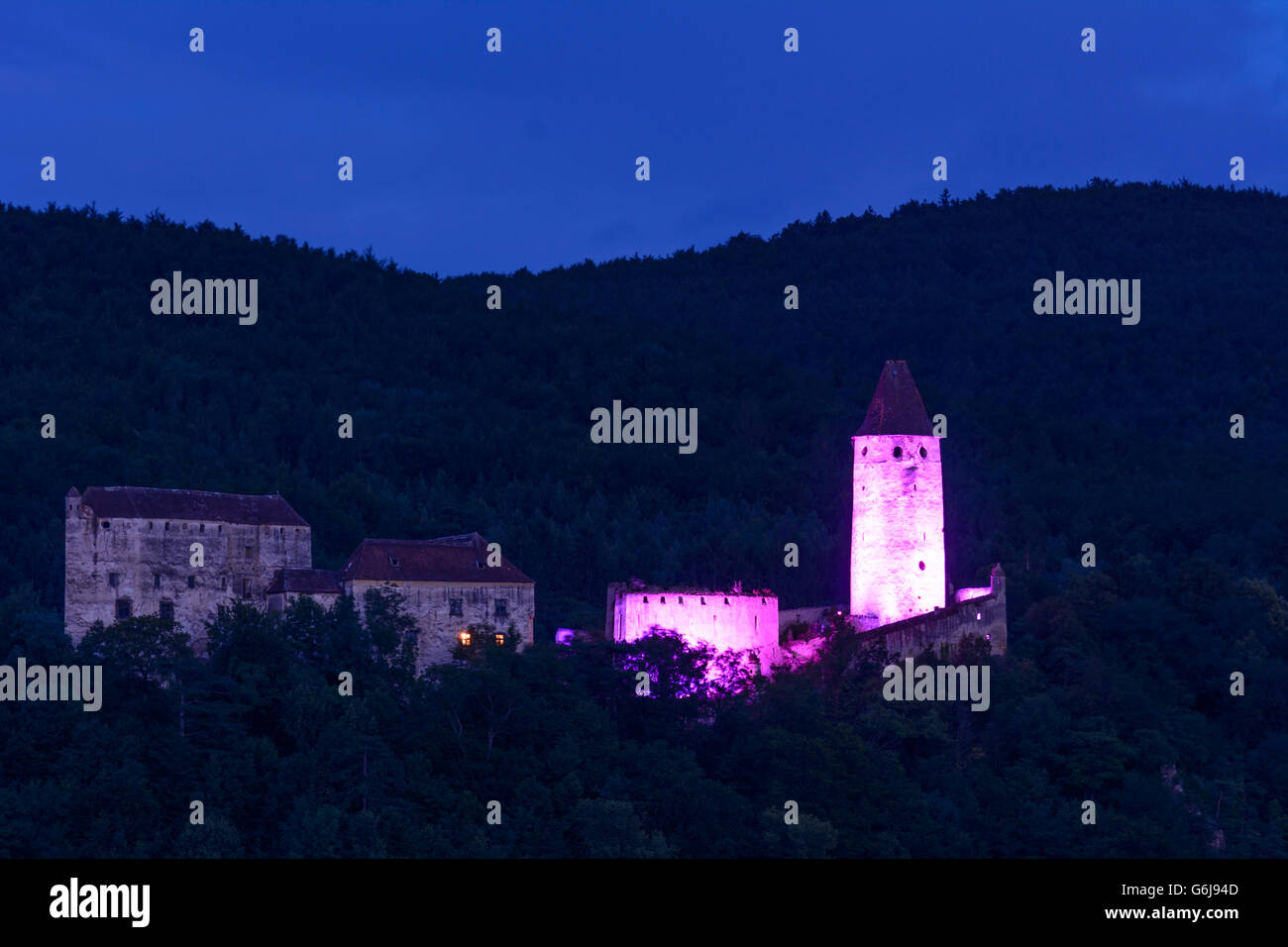 Seebenstein Castle floodlit, Seebenstein, Austria, Niederösterreich, Lower Austria, Wiener Alpen, Alps Stock Photo