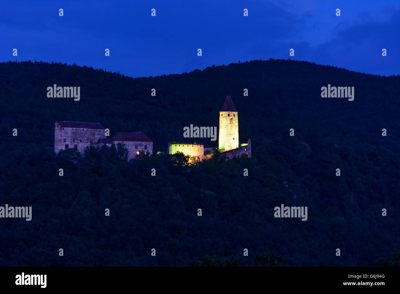 Seebenstein Castle floodlit, Seebenstein, Austria, Niederösterreich, Lower Austria, Wiener Alpen, Alps Stock Photo