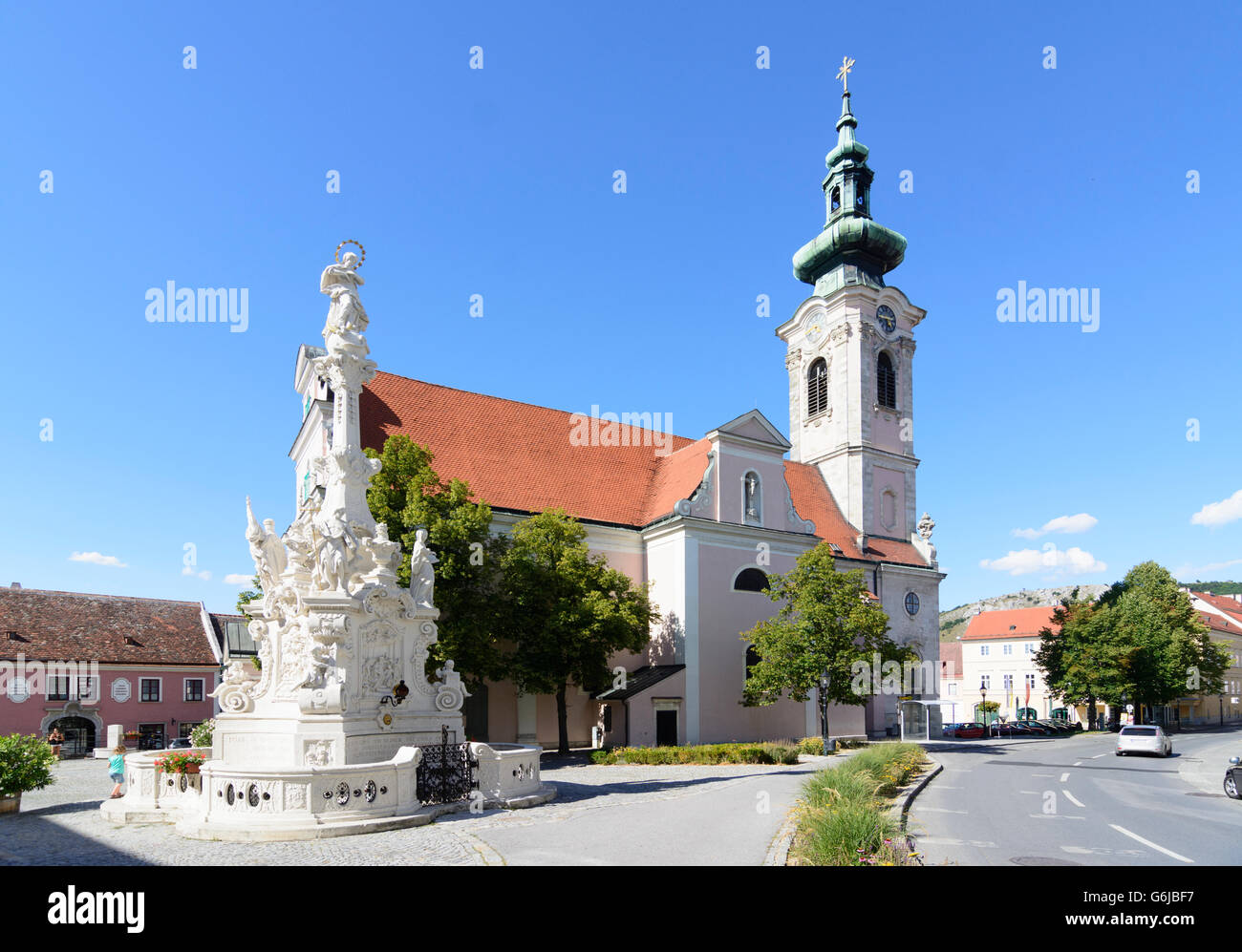 Parish Church and Marian column, Hainburg an der Donau, Austria, Niederösterreich, Lower Austria, Donau Stock Photo