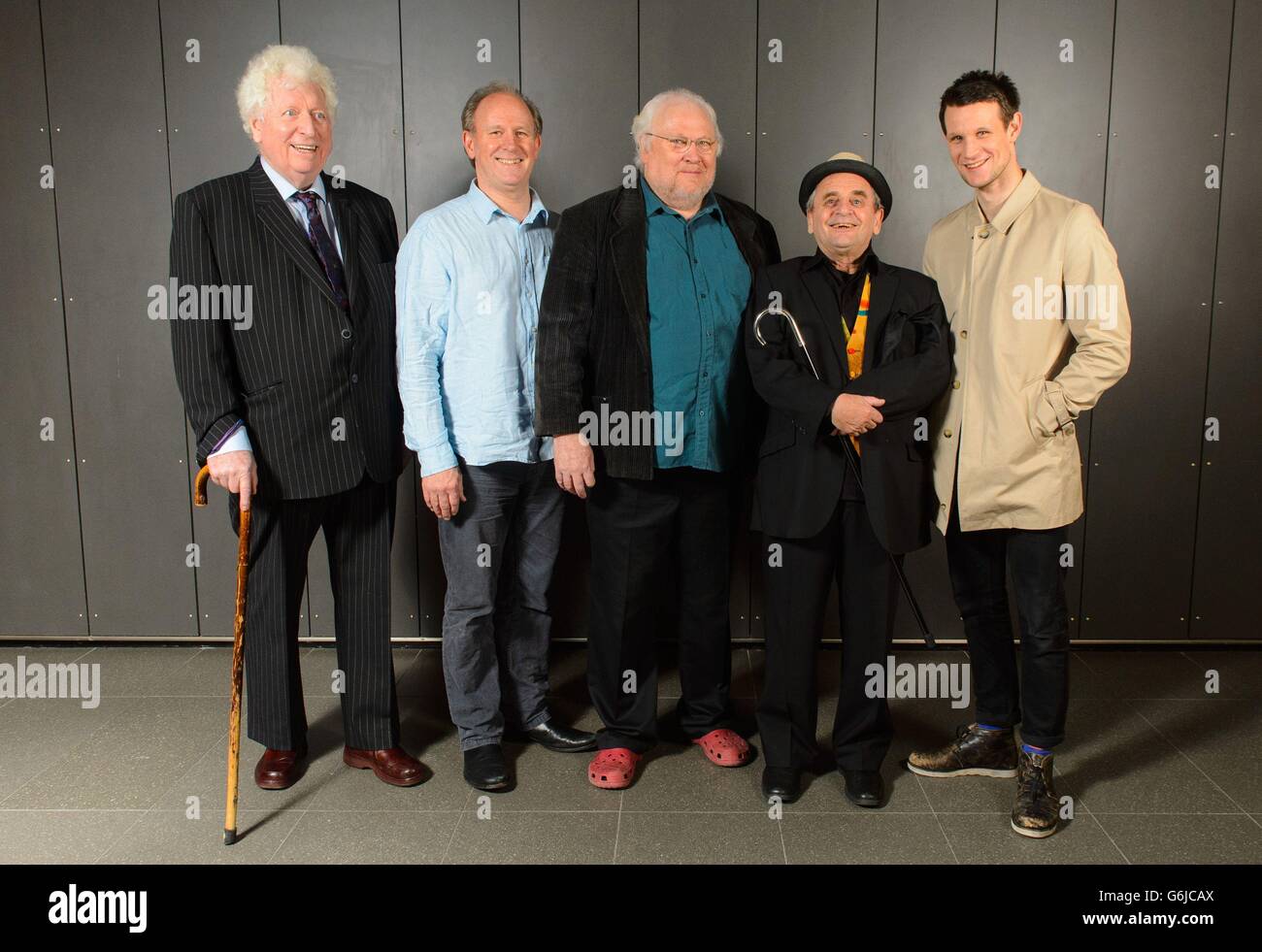 Former Doctor Who actors (left to right) Tom Baker, Peter Davison, Colin Baker, Sylvester McCoy and Matt Smith at the Doctor Who Official 50th Anniversary Celebration at the Excel Centre, in east London. Stock Photo
