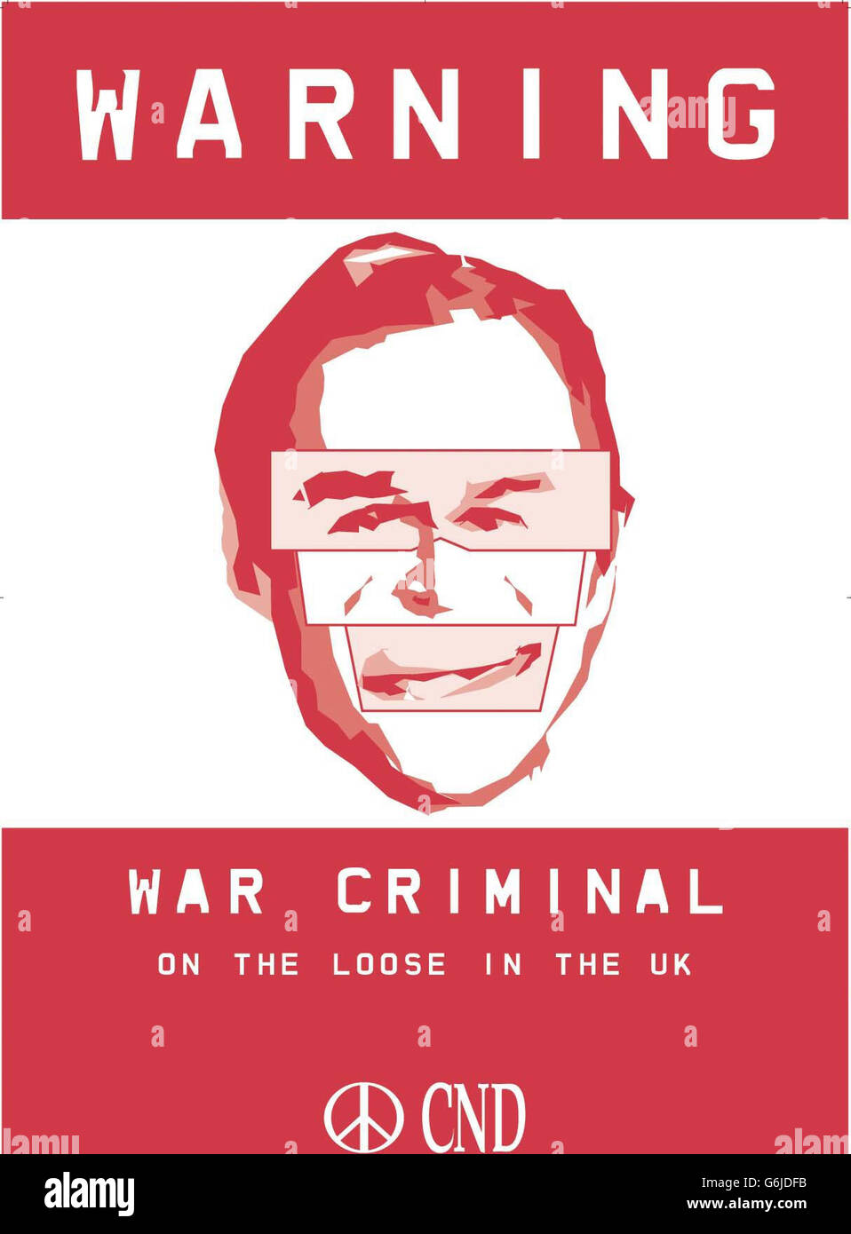 One of the placards branding US President George Bush a war criminal, which will be carried by protesters taking part in next week's demonstrations against him. The banners, being prepared by the Campaign for Nuclear Disarmament, show a picture of a smiling Mr Bush in a police-style photofit. Stock Photo