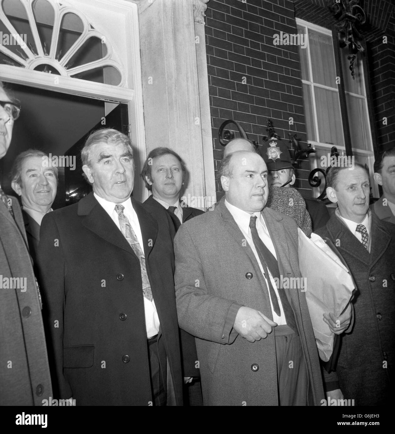Mr Joe Gormley (left), president, and Mr Lawrence Daly, general secretary, of the National Union of Mineworkers arriving at No.10 Downing Street today for the miners' leader' talks with Prime Minister Mr. Edward Heath. Stock Photo