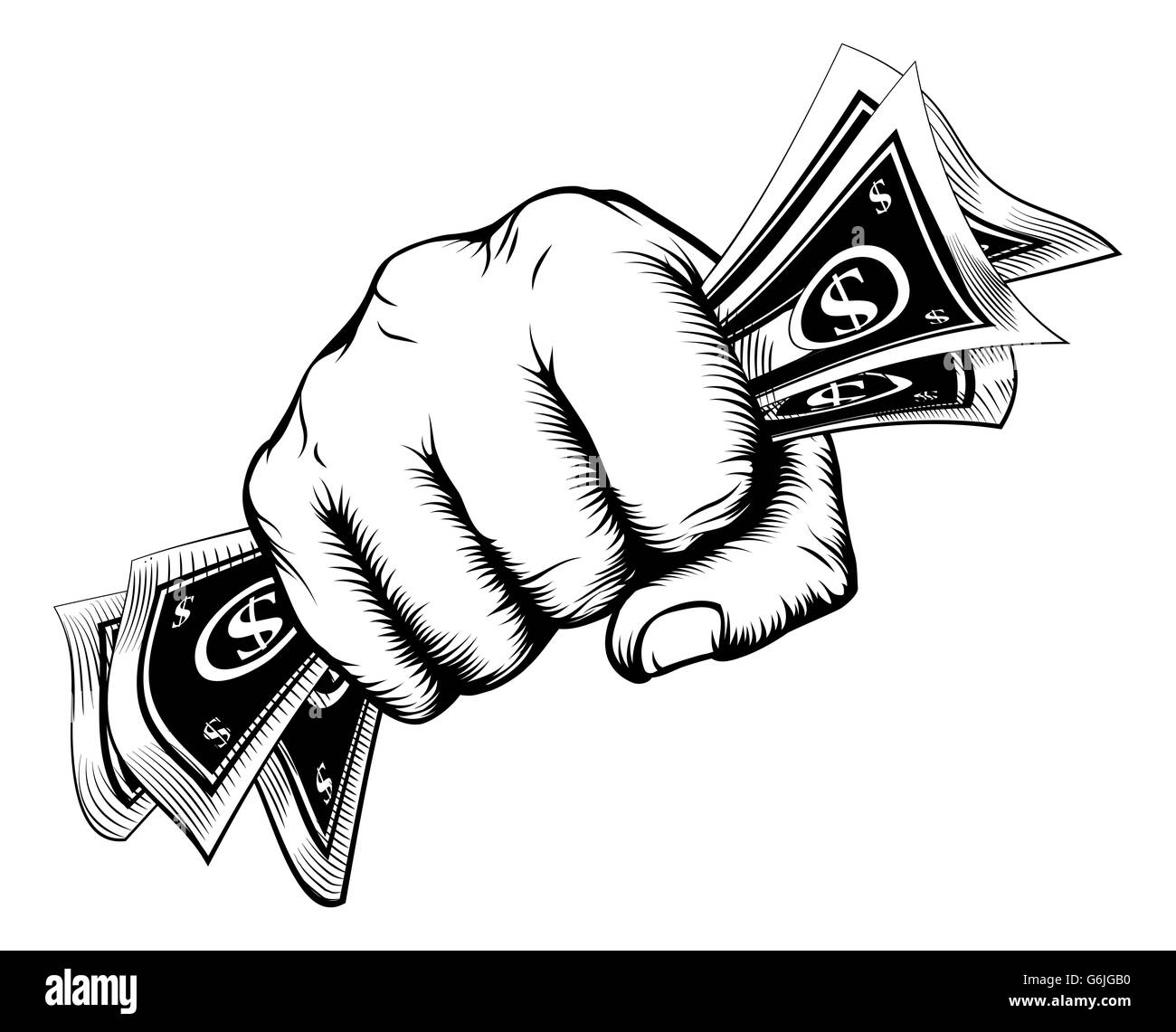 A fist holding cash money dollar bills in a vintage woodcut style Stock Photo