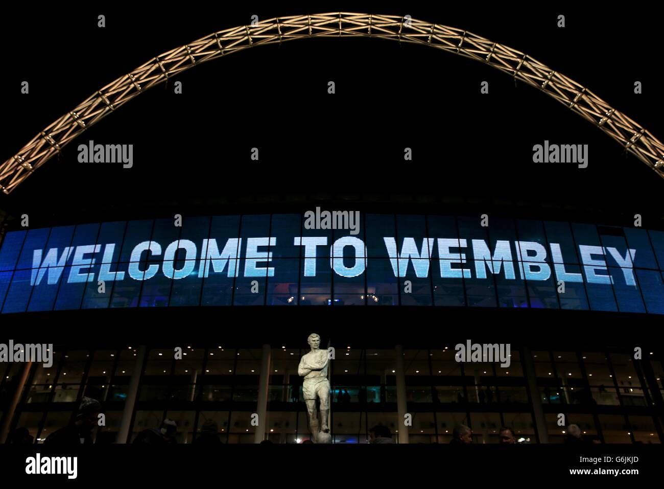The statue of Bobby Moore stands proudly outside Wembley Stadium before