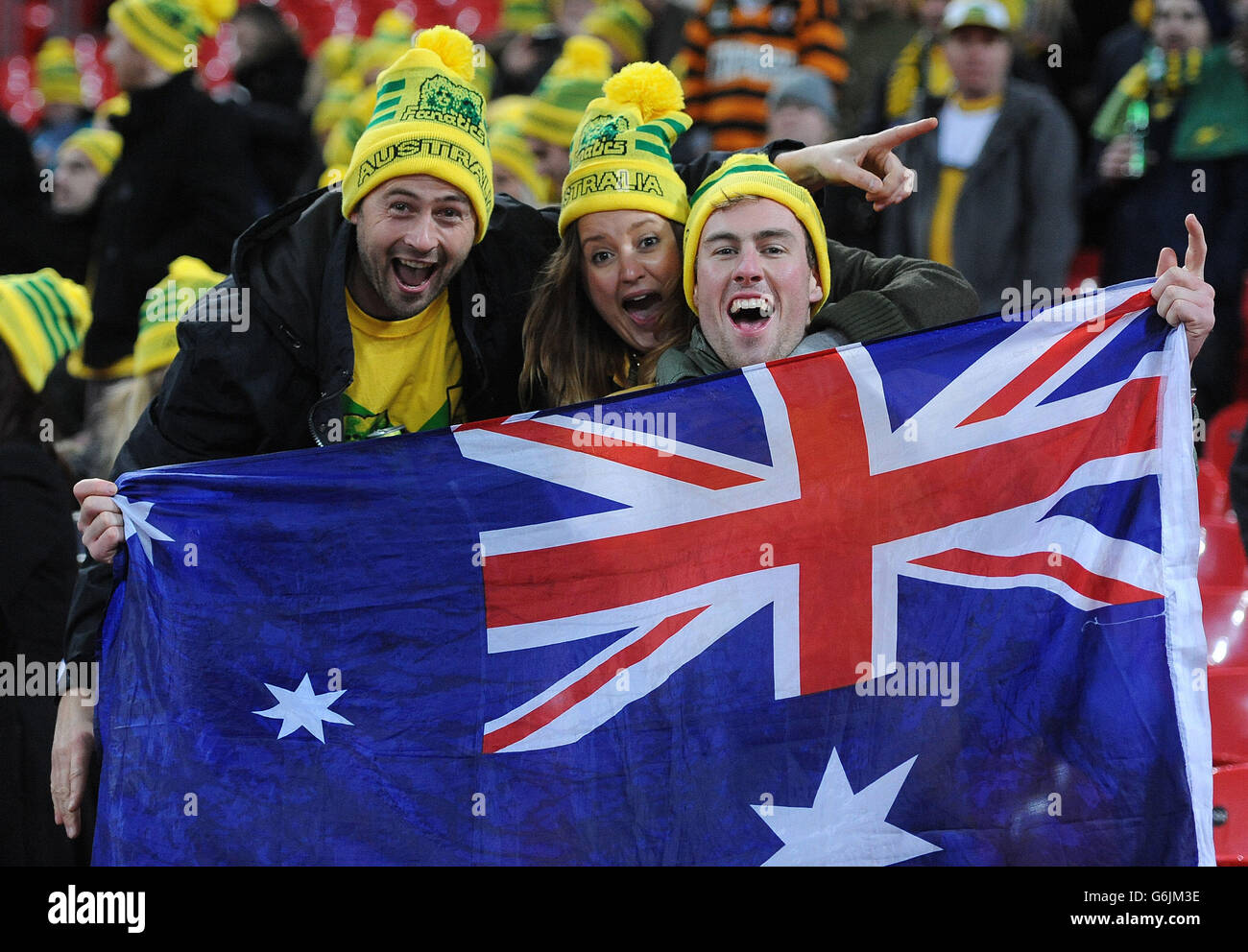 Australia fans celebrate their team's victory during the World Cup Semi Final at Wembley Stadium