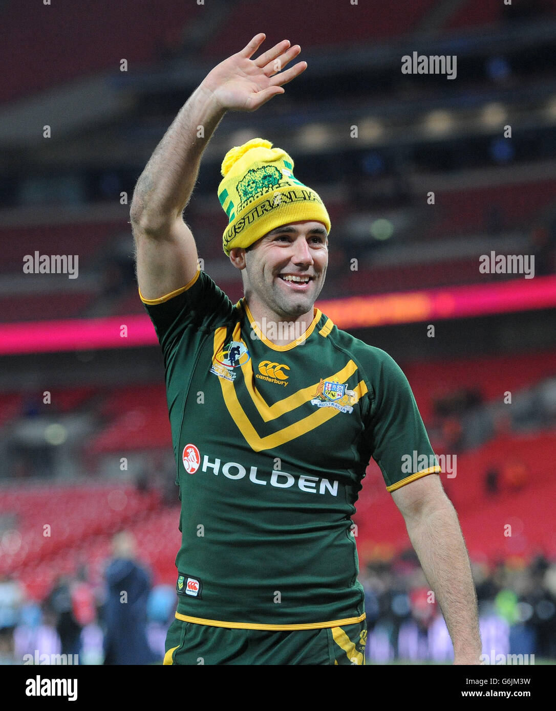 Australia's Cameron Smith celebrates his team's victory during the World Cup Semi Final at Wembley Stadium, London. Stock Photo