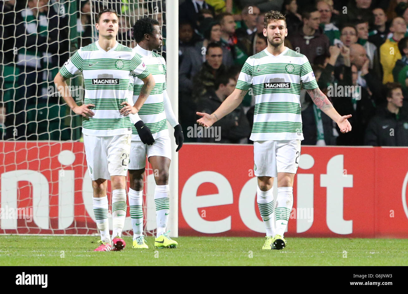 Celtic Charlie Mulgrew reacts after AC Milan's Cristian Zapata (not pictured) scored during the UEFA Champions League match at Celtic Park, Glasgow. Stock Photo