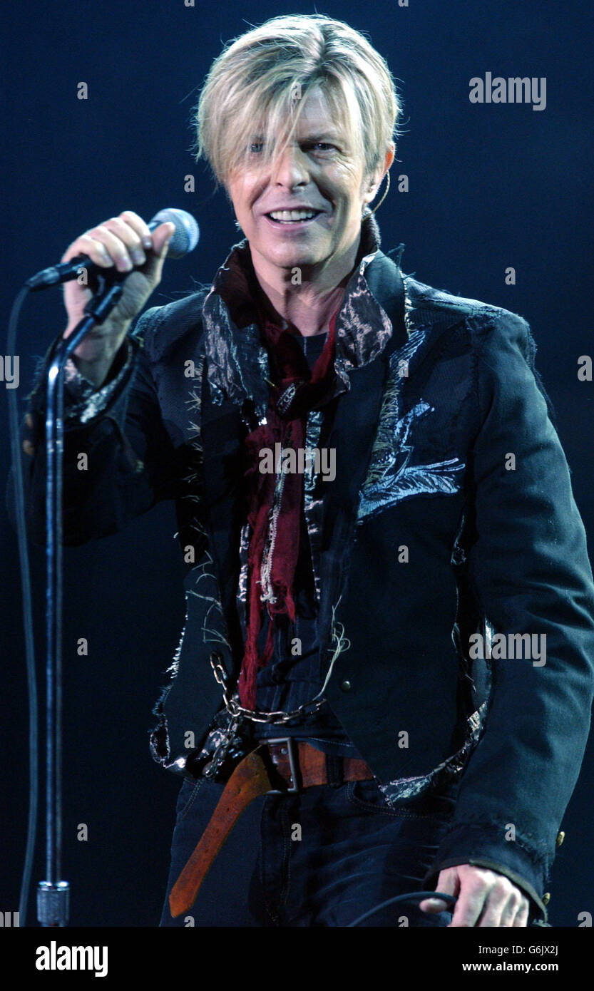Singer David Bowie performs live in concert as part of The Reality Tour at  Wembley Arena in London. 08/07/04: It emerged that Bowie has been using his  unexpected time off through injury