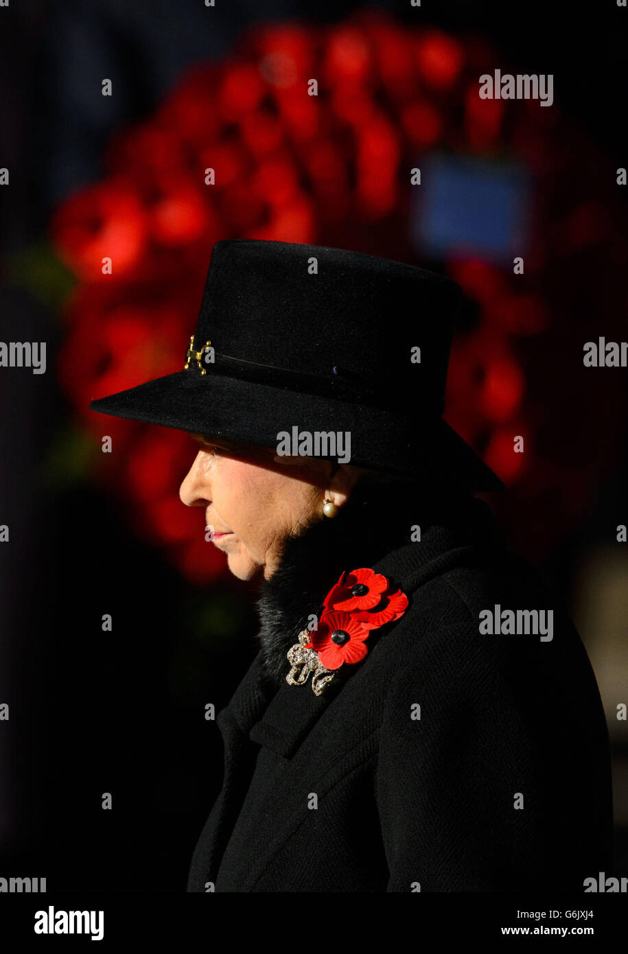 Queen Elizabeth II stands at the Cenotaph memorial in Whitehall, central London, during the annual Remembrance Sunday service held in tribute to members of the armed forces who have died in major conflicts. Stock Photo