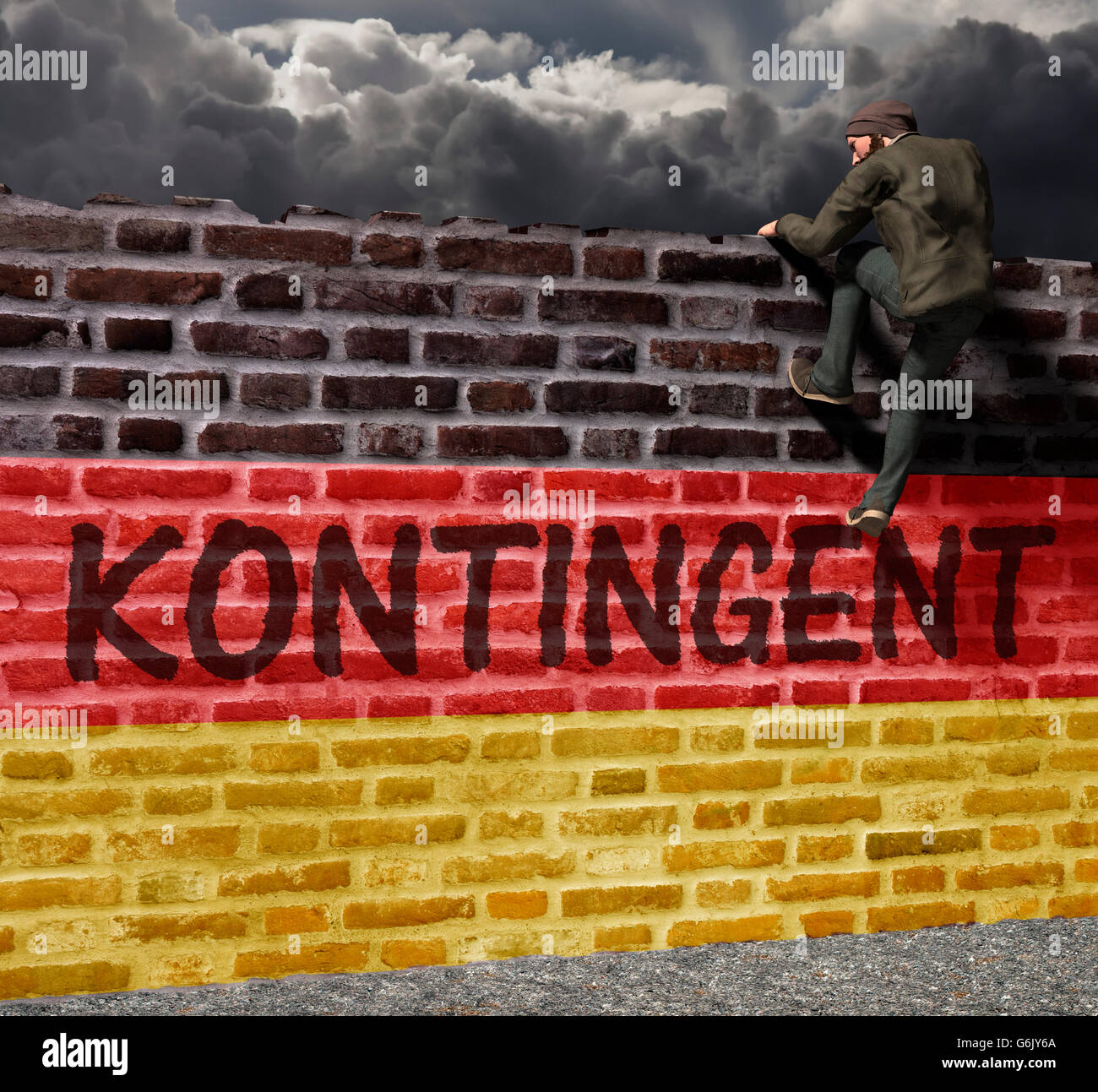 Man climbing over a wall with writing contingent and German flag, Computer Graphic Stock Photo