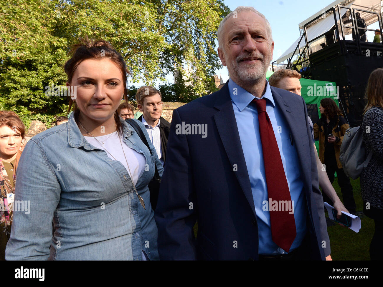 Labour Party leader Jeremy Corbyn on College Green in Westminster, London, after Britain voted to leave the European Union in an historic referendum which has thrown Westminster politics into disarray and sent the pound tumbling on the world markets. Stock Photo