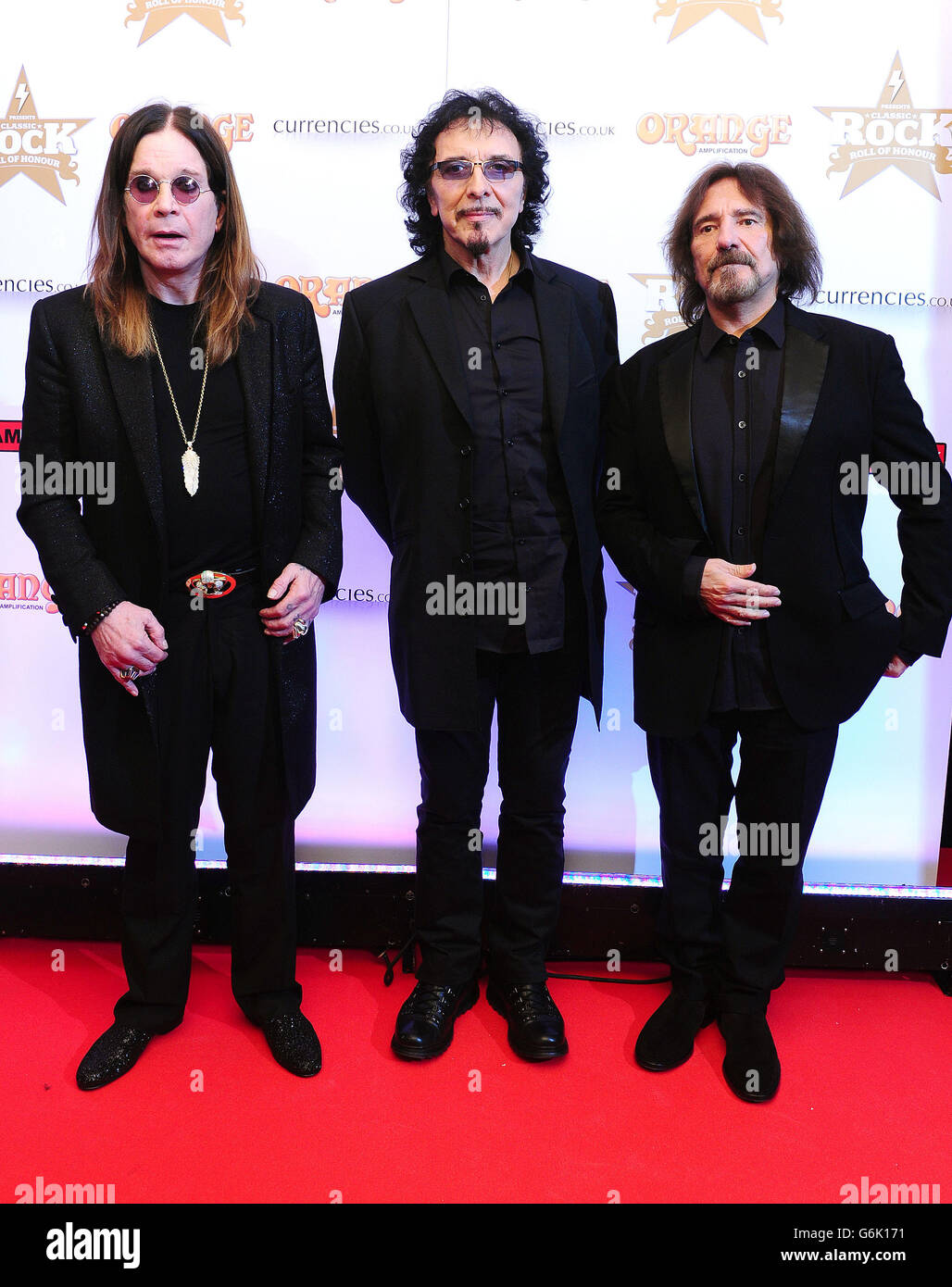 (Left - right) Ozzy Osbourne, Tommy Iommi and Geezer Butler of Black Sabbath attending The Classic Rock Roll of Honour at The Roundhouse, Camden, London. Stock Photo
