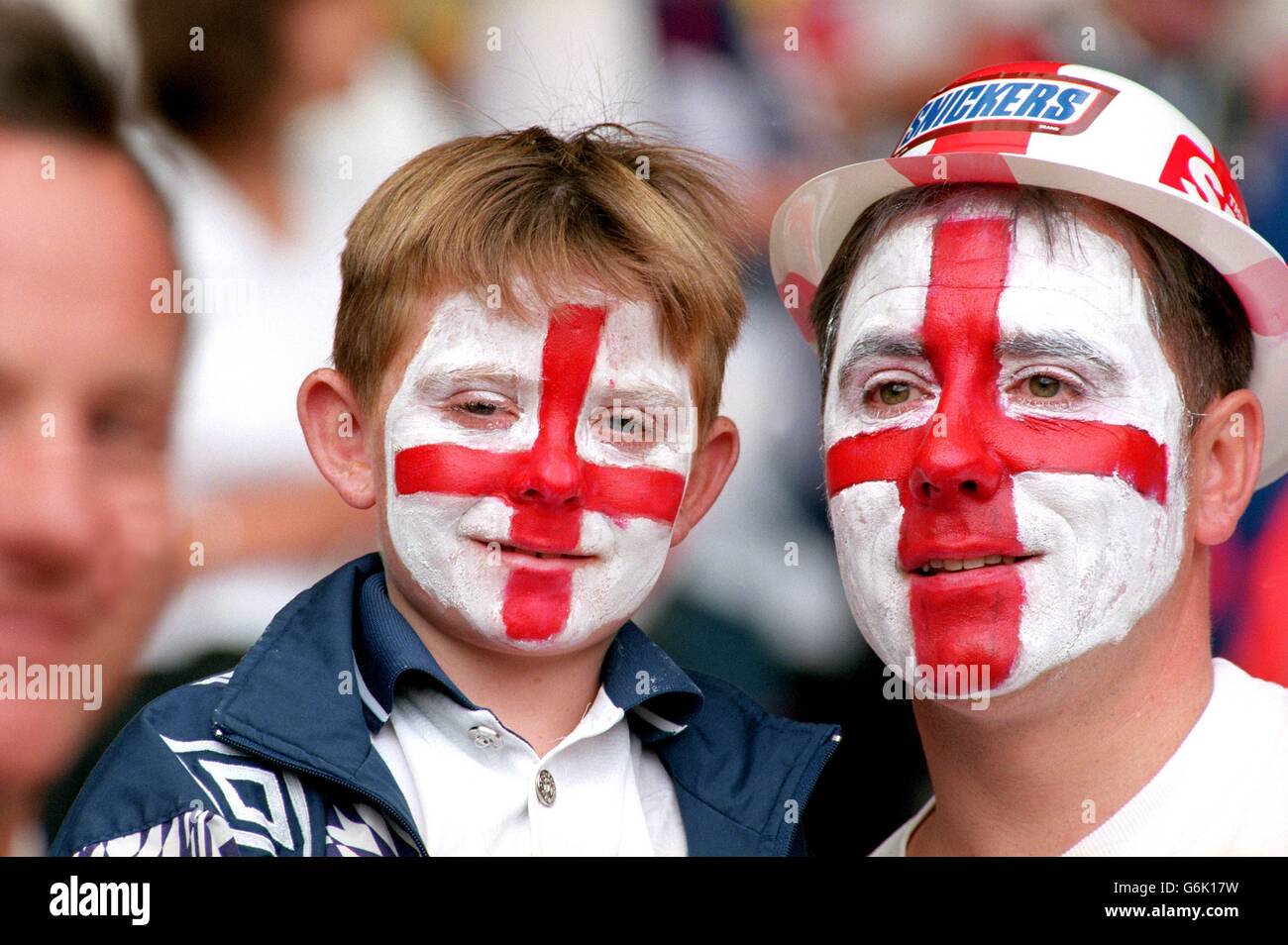 Soccer, Euro 96. England v Spain, Wembley. Young England fan with father Stock Photo
