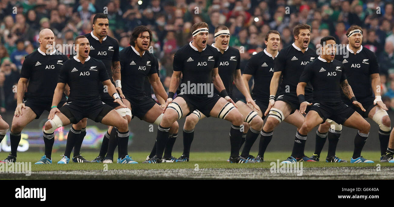 New Zealand perform the Haka before the Guinness Series match with Ireland at the Aviva Stadium, Dublin, Ireland Stock Photo