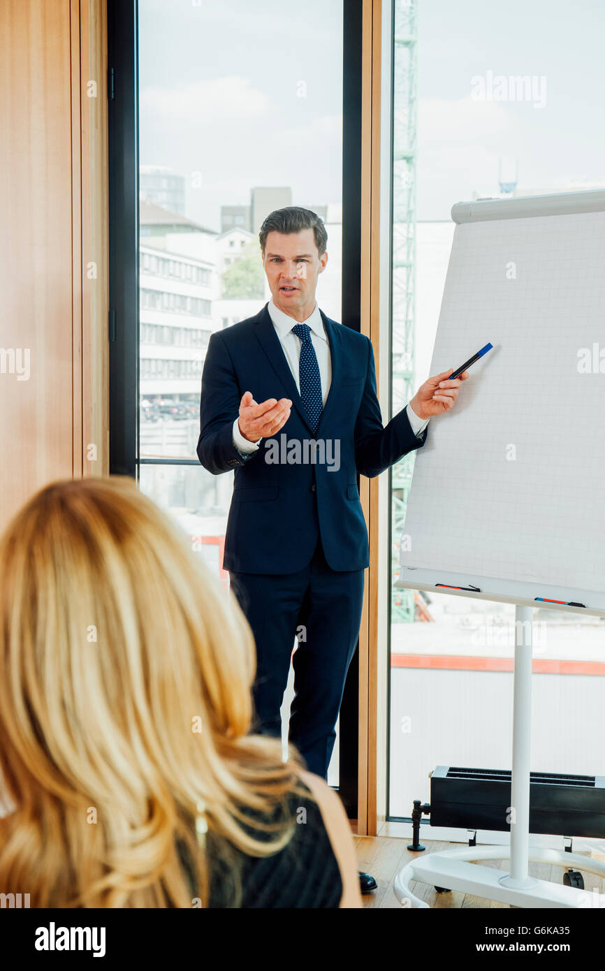Businessman leading a presentation at flip chart Stock Photo Alamy