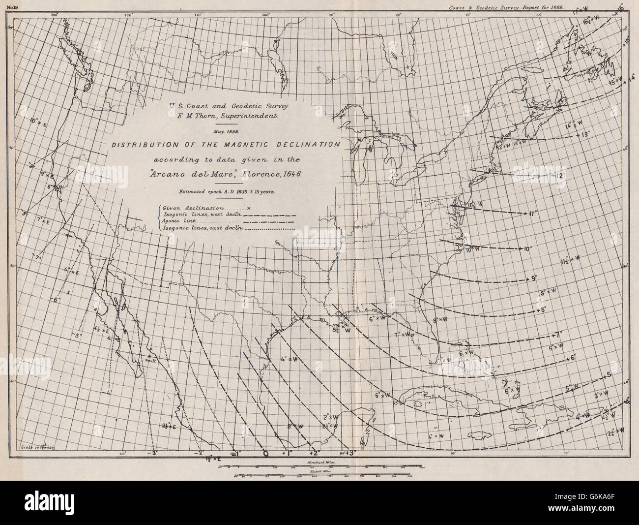 USA declination 1630. Arcano del Mare. Isogonic lines. USCGS