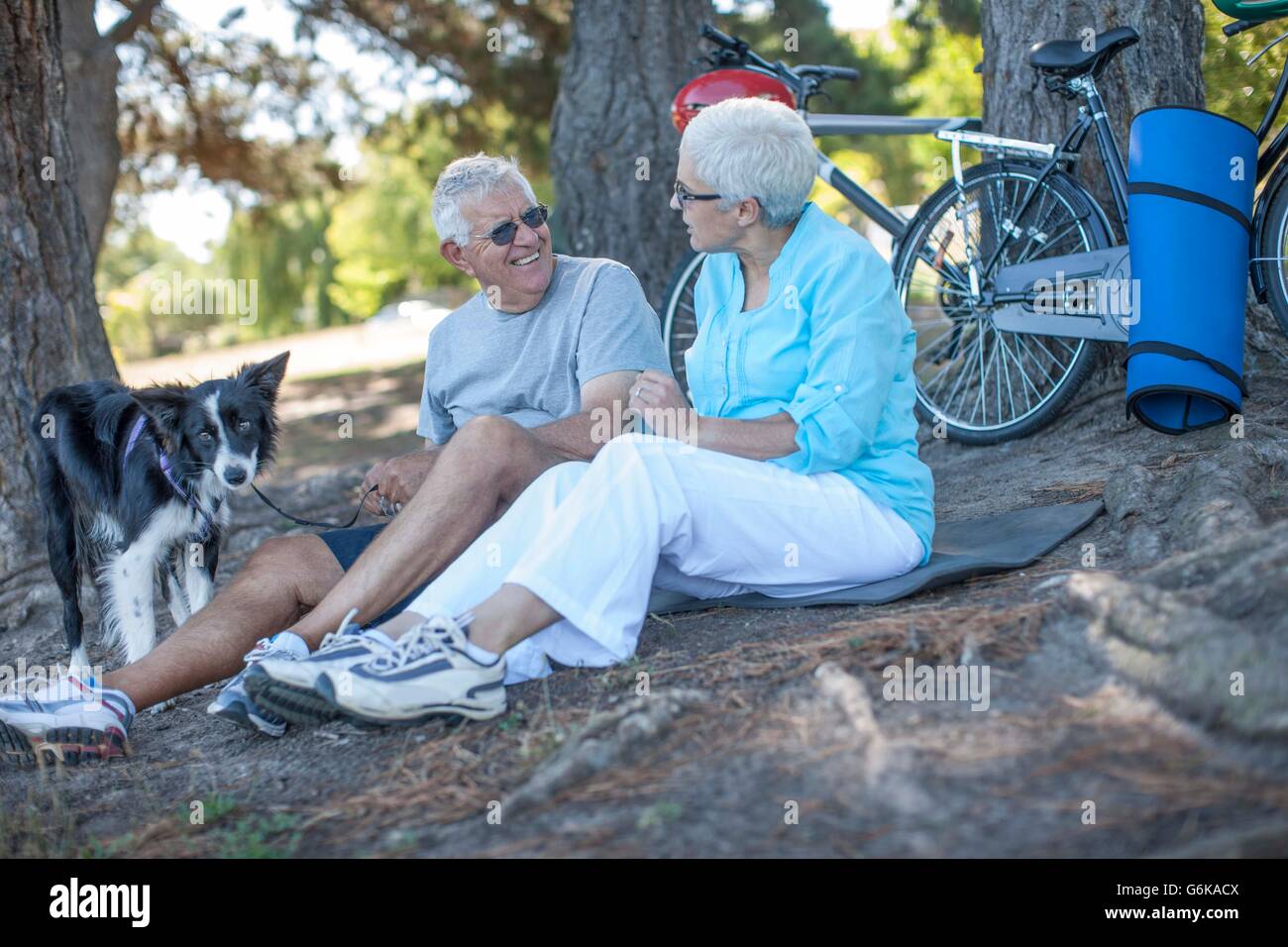 Elderly couple sitting outdoors with dog and bicycles Stock Photo - Alamy