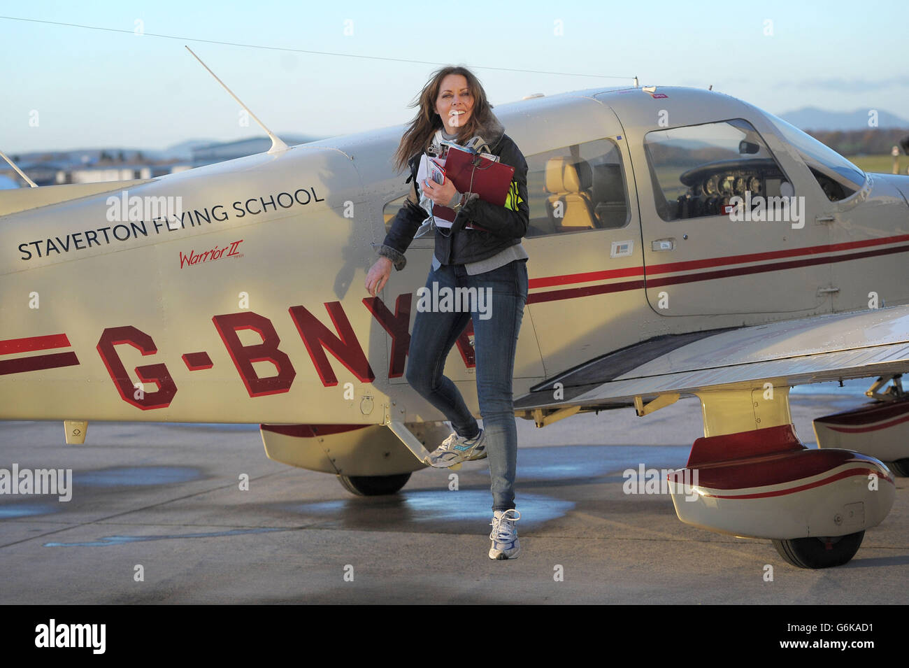 Carol Vorderman at the Staverton Flying School at Gloucester Airport after passing her private pilot's licence (PPL) test. Stock Photo