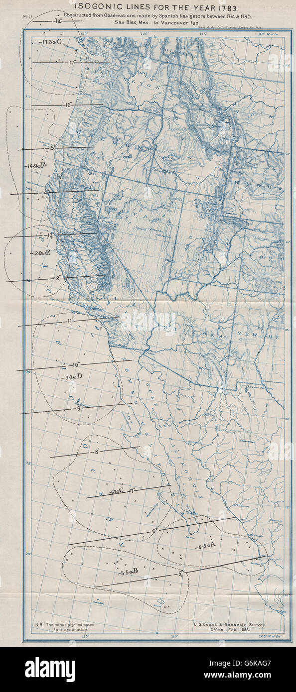 USA WEST COAST: Isogonic lines in 1783 from Spanish navigators. USCGS, 1889 map Stock Photo