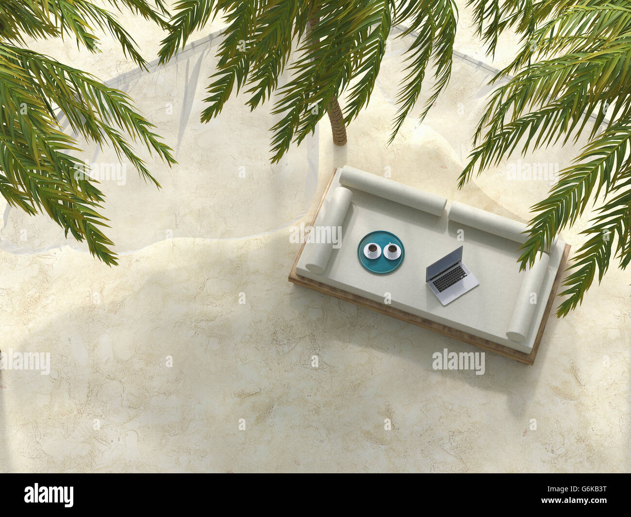 Lounger with laptop on the beach under palms, 3D rendering Stock Photo
