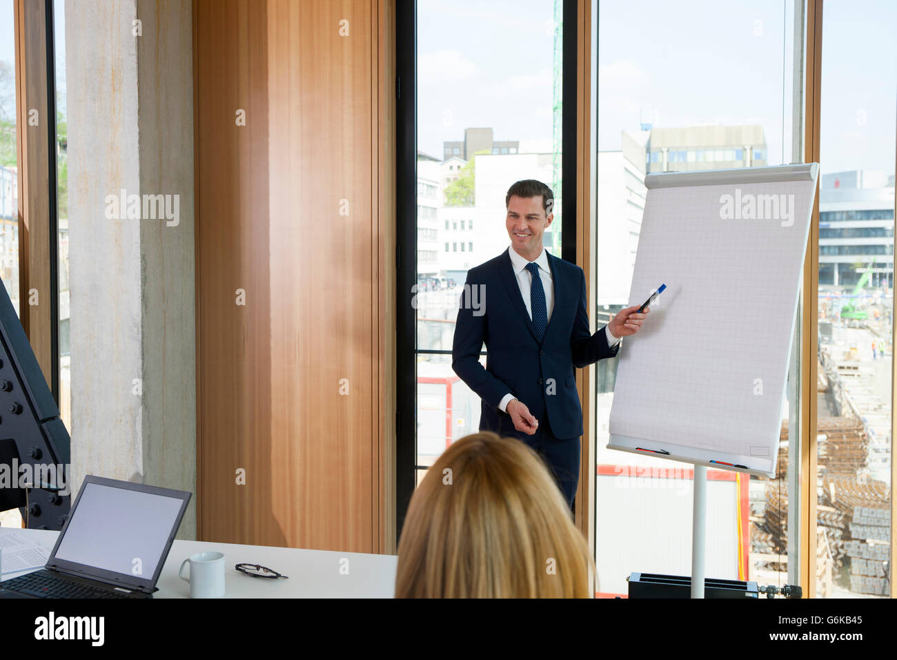 Businesswoman leading presentation flip chart hires stock photography