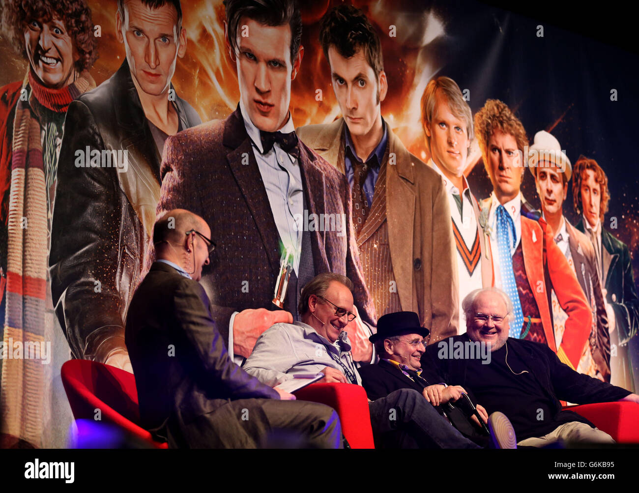 Former Doctor Who actors (left to right) Peter Davison, Sylvester McCoy and Colin Baker during a Q&A at the Doctor Who Official 50th Celebration at the London Excel Centre Docklands. Stock Photo