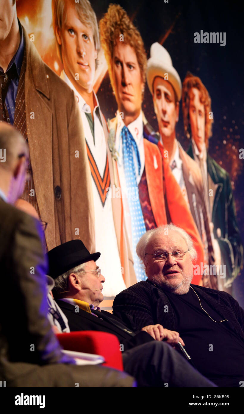 Former Doctor Who actors Sylvester McCoy and Colin Baker (right), during a Q&A at the Dr Who Official 50th Celebration at the London Excel Centre Docklands. Stock Photo