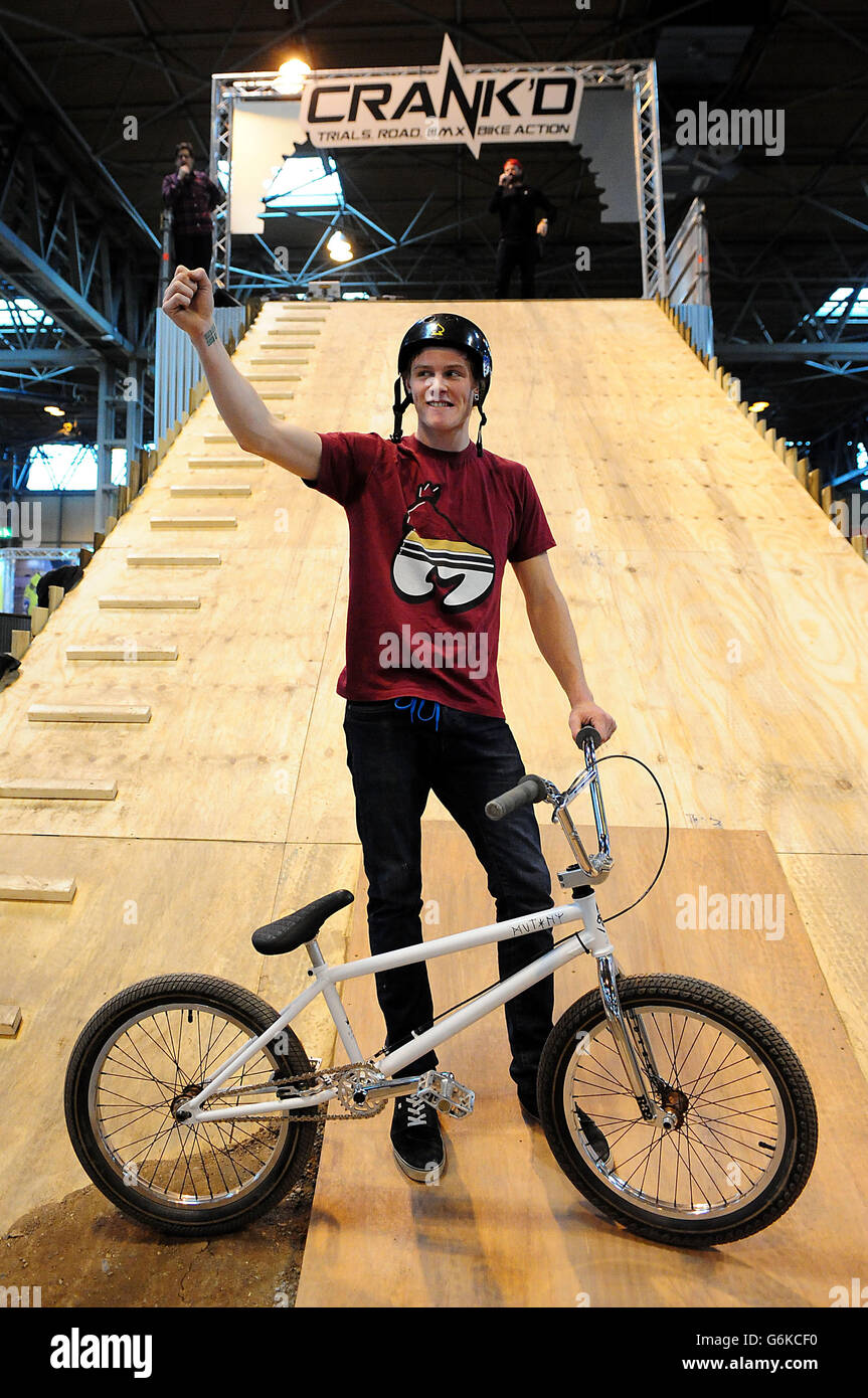 Kona Hellier from Newton Abbot, Devon, celebrates jumping 6.68 meters in  his attempt to break the Guinness World Record for a BMX High Jump at the  Motor Cycle Live 2013, NEC, Birmingham