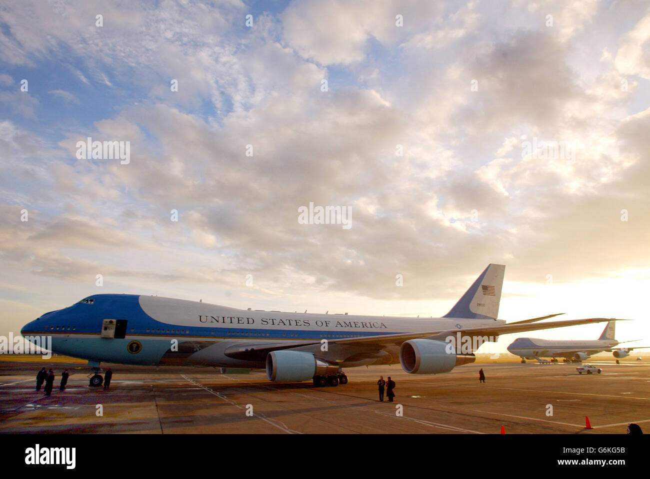 Airforce One and Airforce Two stand on the tarmac at Teeside International Airport during the final day of the state visit of US President George W Bush. Stock Photo