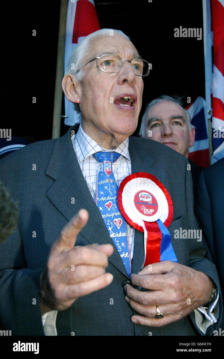 The Rev Ian Paisley, leader of the Democratic Unionist Party, after topping the poll in the North Antrim count at Ballymoney in the Northern Ireland elections. The DUP leader declared today was 'a great day for Ulster'. Stock Photo