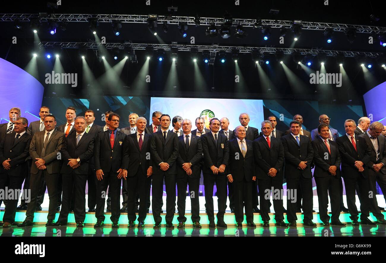 Managers from all 2014 World Cup Final teams line up on stage during the FIFA 2014 World Cup Draw at the Costa Do Sauipe, Salvador, Bahia. Stock Photo