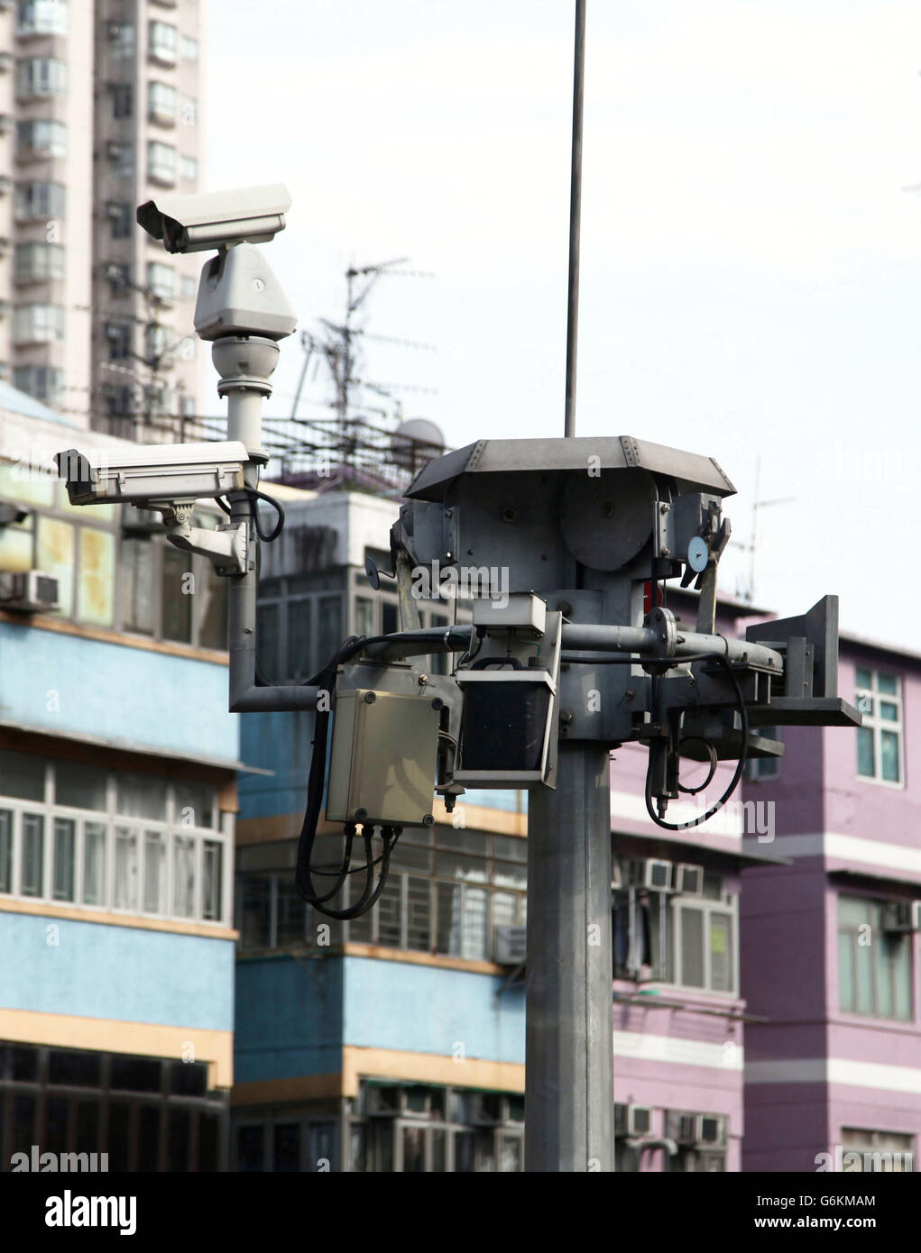 It's a photo of CCTV cameras in the street of Hong Kong Stock Photo